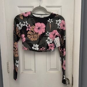 Roxy Green Black and Pink Long Sleeve Fitted Crop Bodysuit